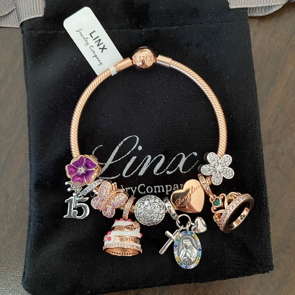 Linx Rose Gold Bracelet with 15th Birthday Quinceanera Themed Charms
